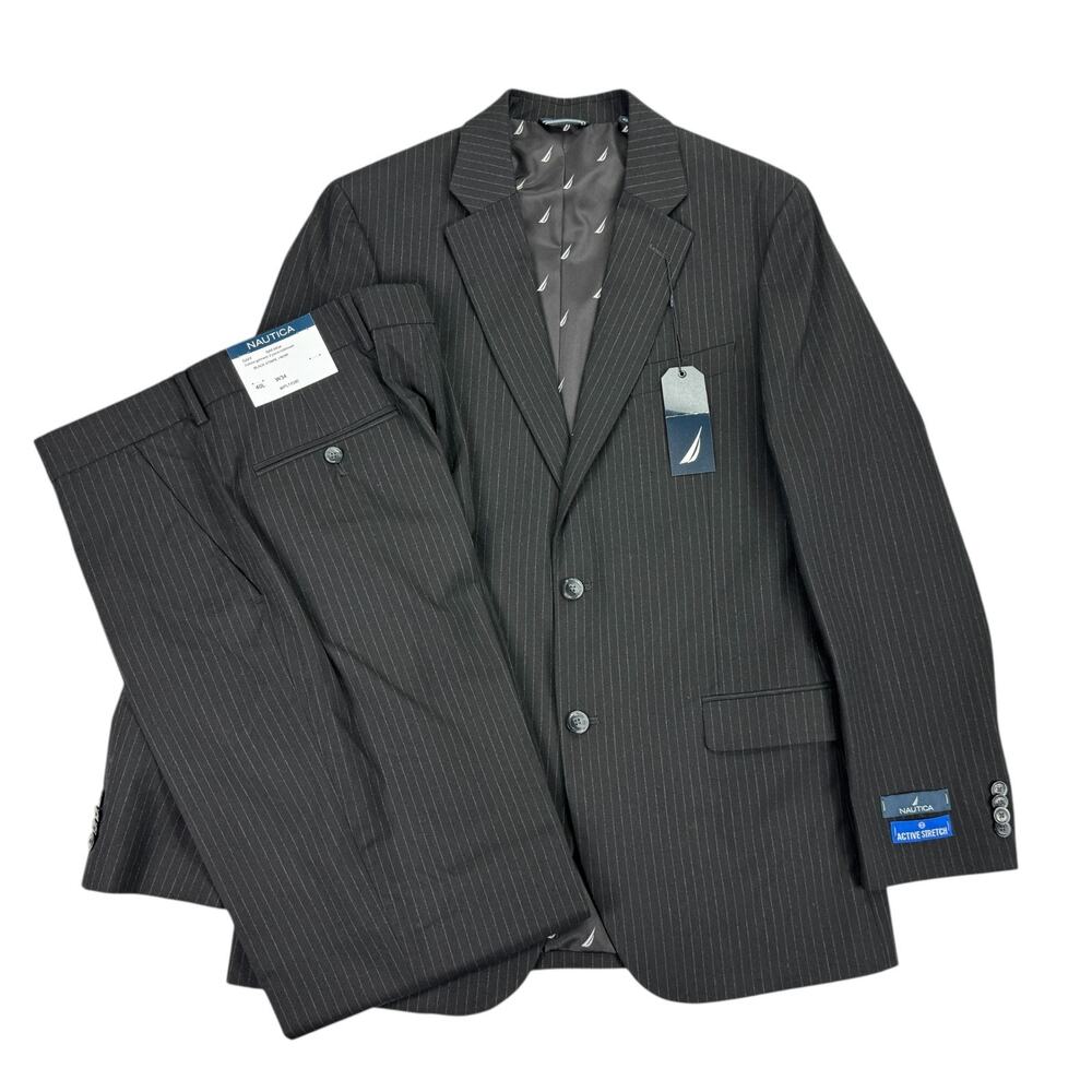 Nautica Mens 2-Piece Modern Fit Active Stretch Pinstripe Suit Black 40L 34W